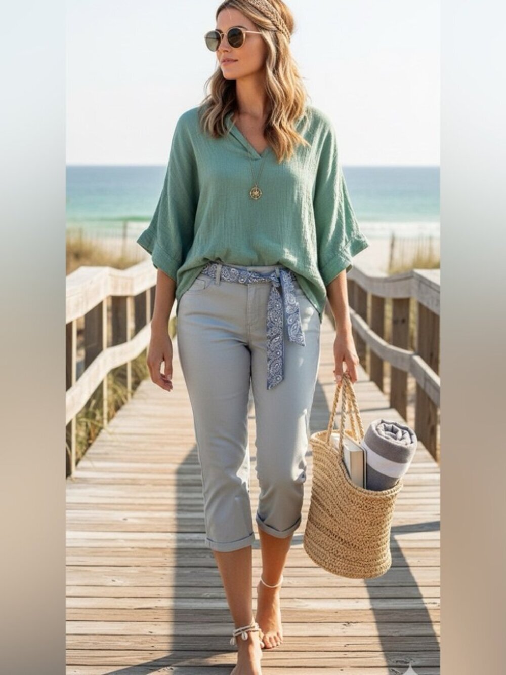 ** NEW Santana Dusty Blue Cotton Stretch Capris w/Tie Belt Size 8